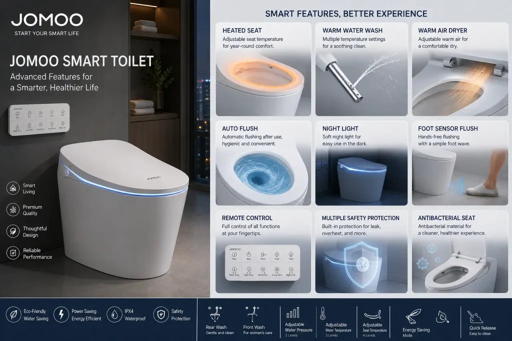 JOMOO smart toilet with heated seat bidet washing and modern bathroom controls