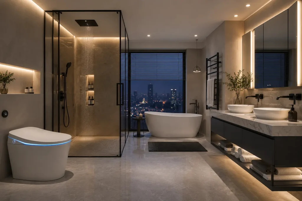 Modern bathroom with smart toilet and contemporary JOMOO-style bathroom fixtures