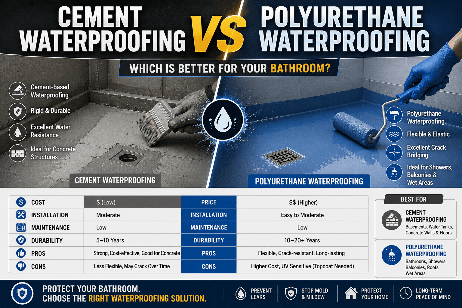 Cement Waterproofing vs Polyurethane Waterproofing