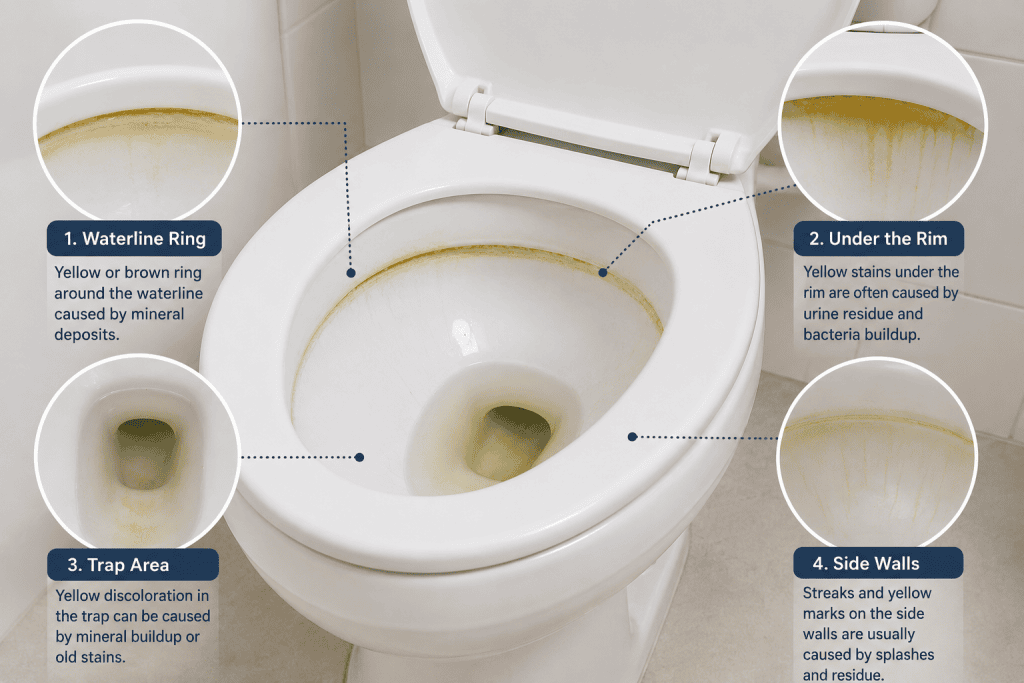 Common yellow toilet stains around the waterline and under the rim