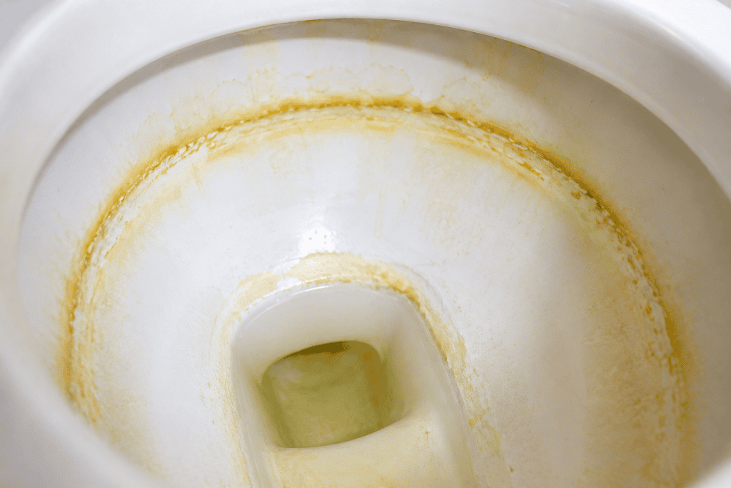 Yellow stains and mineral ring inside a toilet bowl