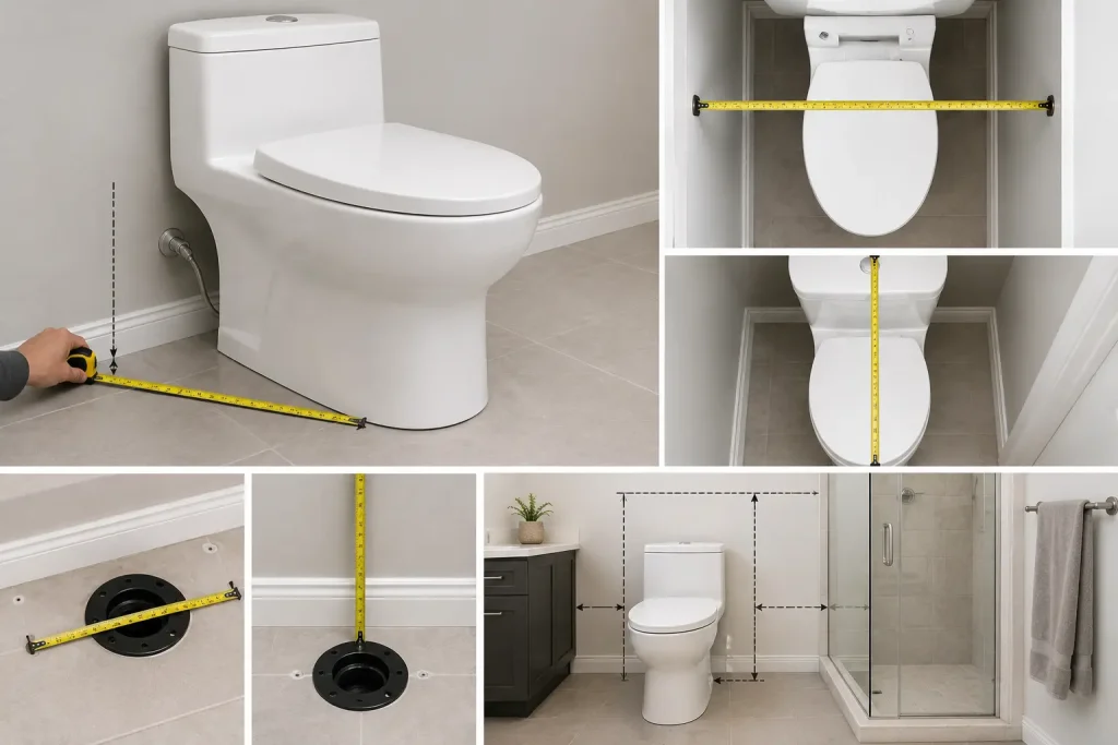 Homeowner measuring toilet rough-in distance and front clearance with a tape measure before buying a replacement toilet