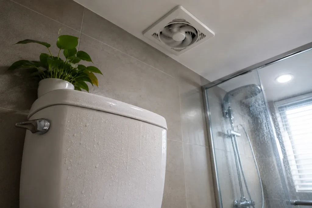 Bathroom ventilation reducing condensation on a toilet tank