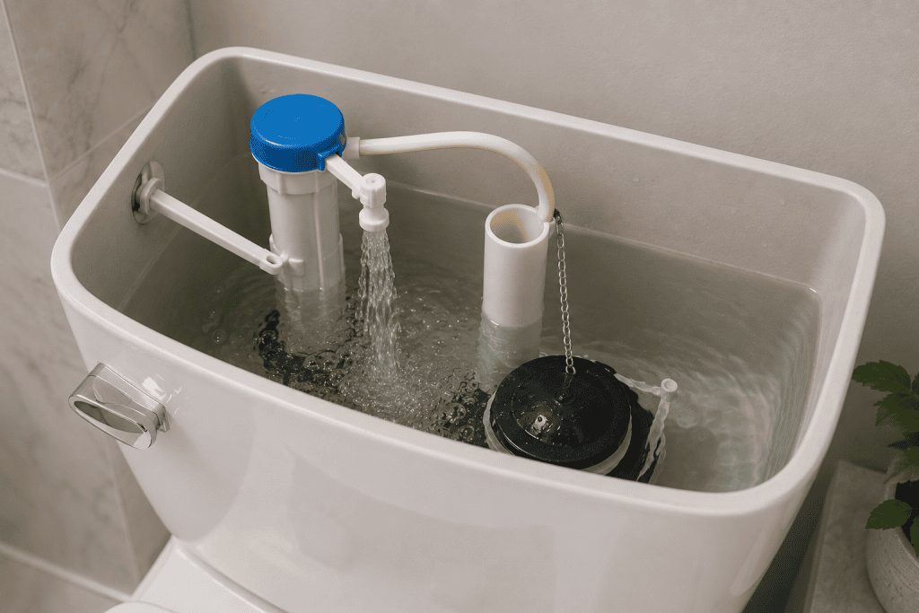 Closed toilet tank with a toilet that continues running after a flapper replacement, showing water flowing from the fill valve into the tank