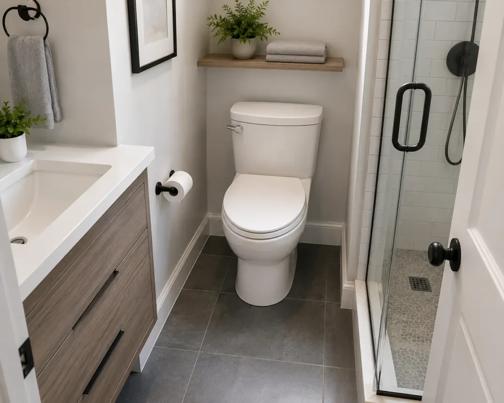 Compact elongated toilet installed in a modern small bathroom