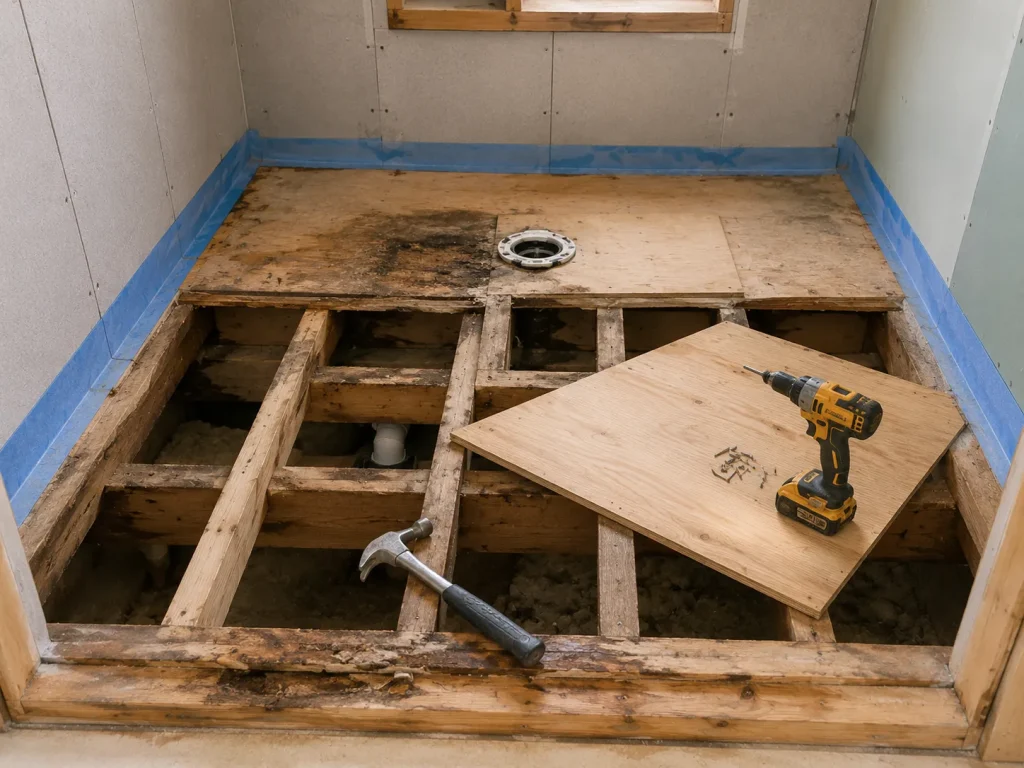 Contractor inspecting and preparing a wood subfloor before installing bathroom waterproofing
