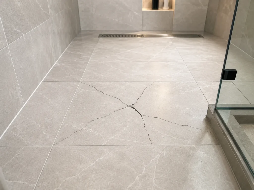 Cracked shower floor tile in a newly remodeled modern bathroom