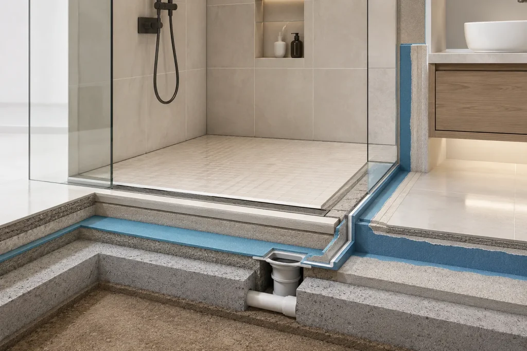 Curbless shower waterproofing system with continuous floor membrane, sloped floor, and linear drain