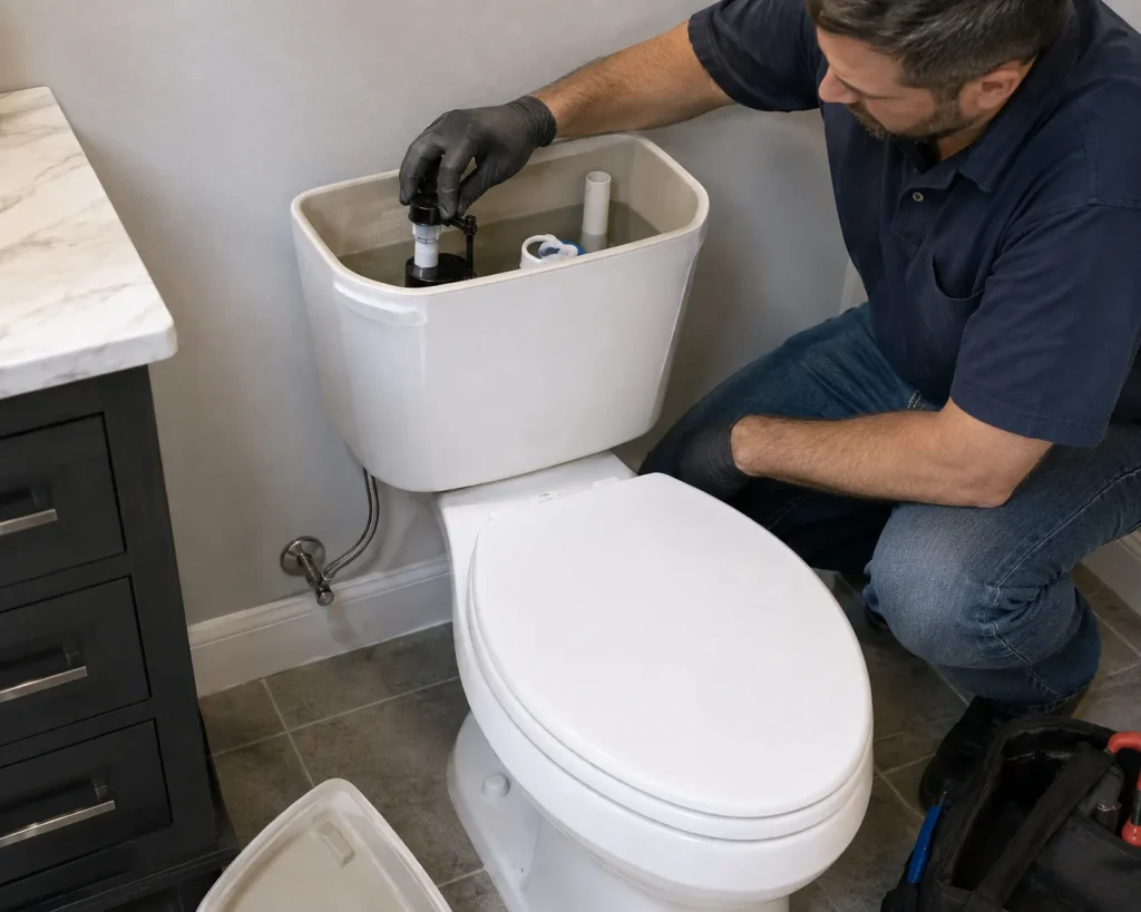 Homeowner inspecting a noisy toilet fill valve during a bathroom repair