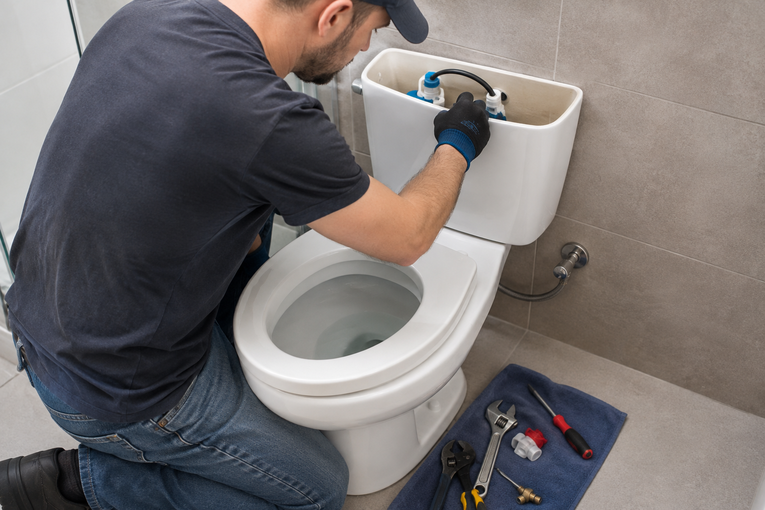 Homeowner inspecting a toilet after replacing the flapper while checking the tank and water supply
