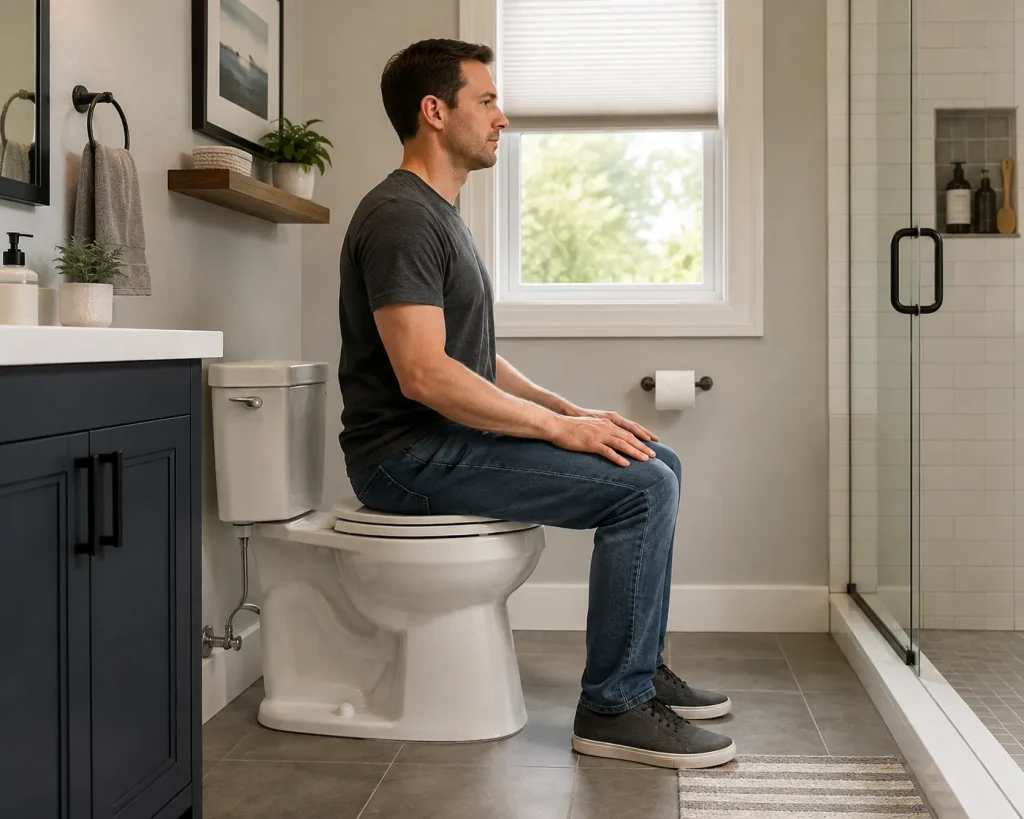 Homeowner sitting comfortably on a comfort-height toilet in a modern American bathroom