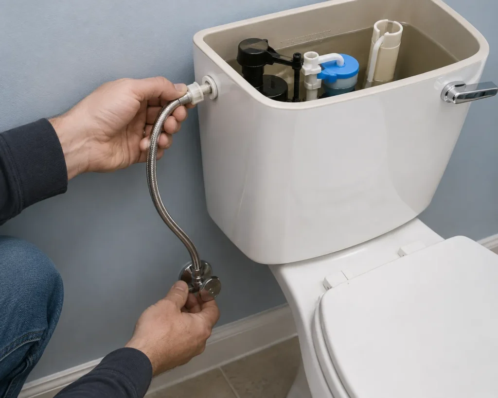 Inspecting a toilet supply line and fill valve for refill noise