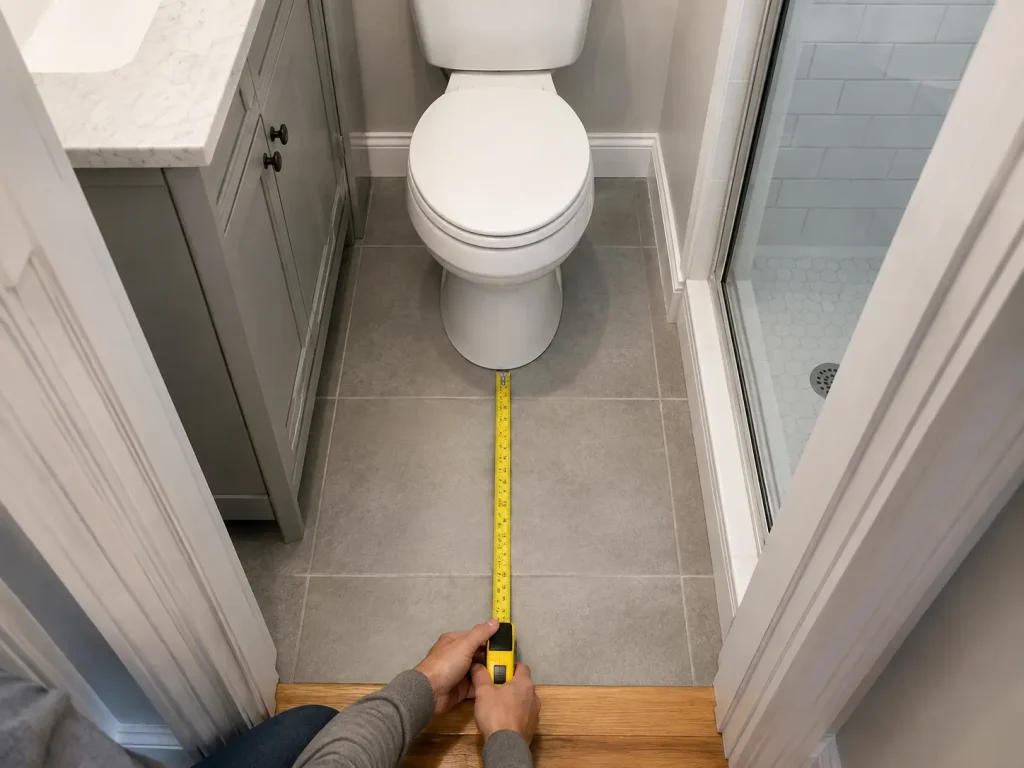 Measuring toilet projection and clearance in a small bathroom