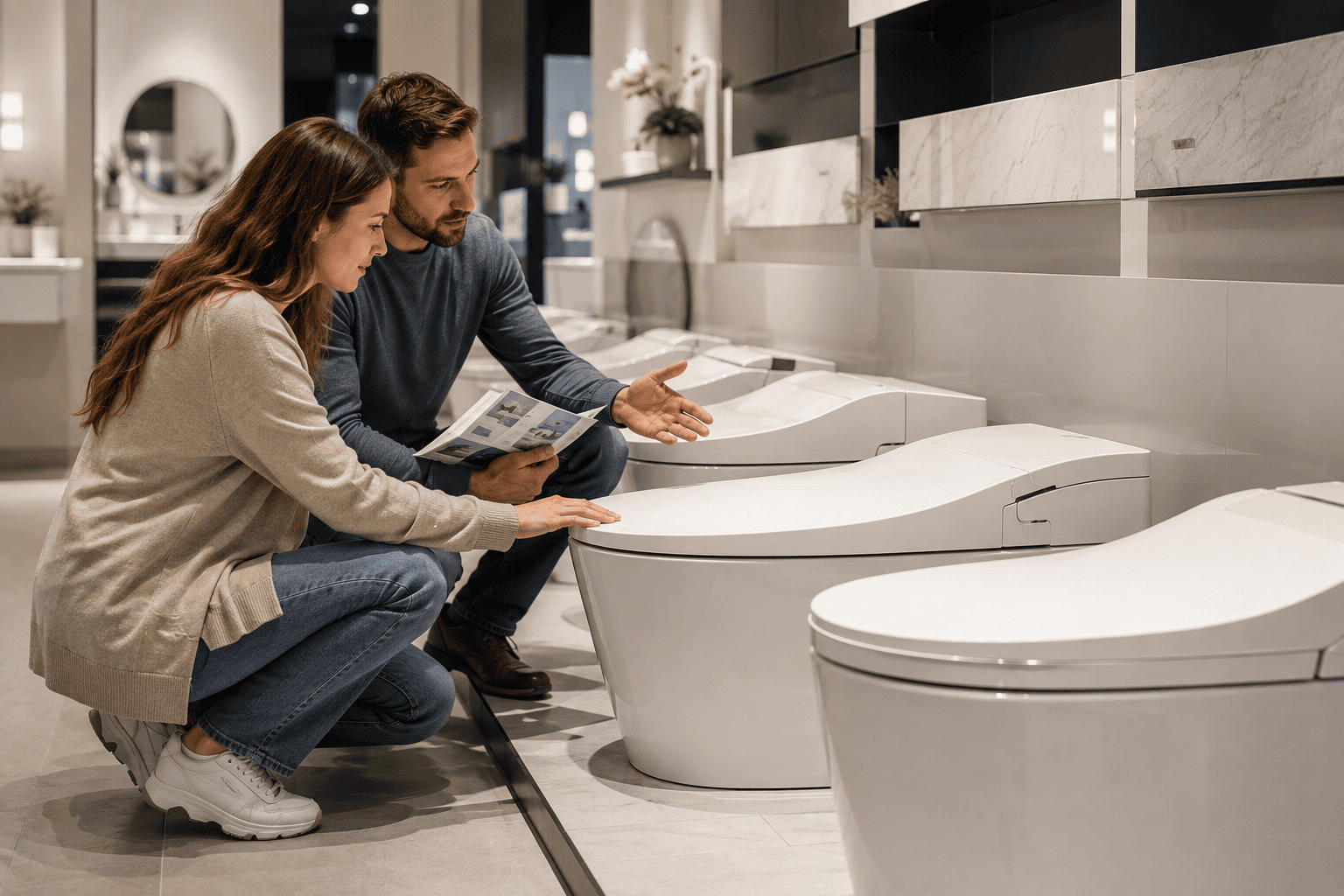 Modern American bathroom with a newly installed toilet, homeowner checking toilet size, height, and bathroom clearance before purchase