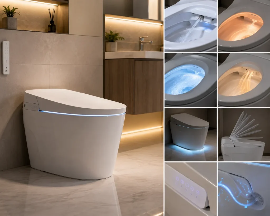 Modern smart toilet with heated seat bidet controls and automatic flushing in a contemporary American bathroom