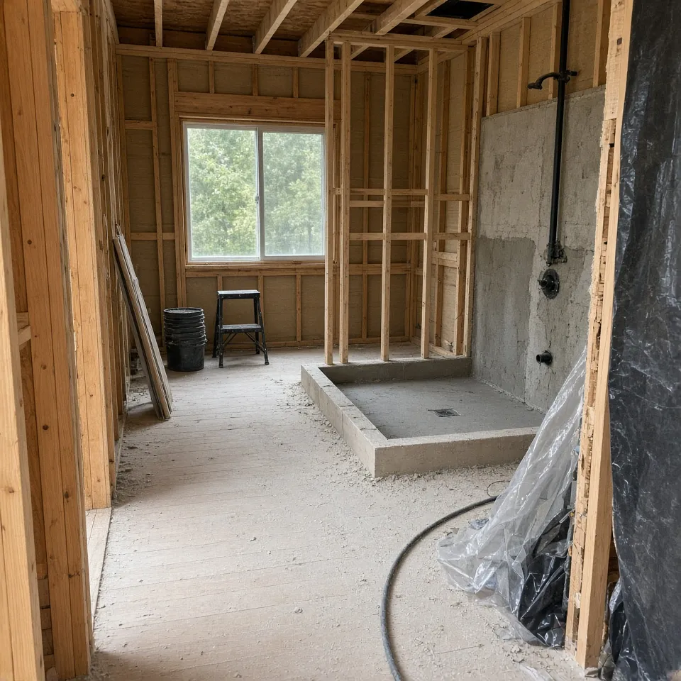 Second-floor wood-framed bathroom being remodeled with a curbless shower and linear drain
