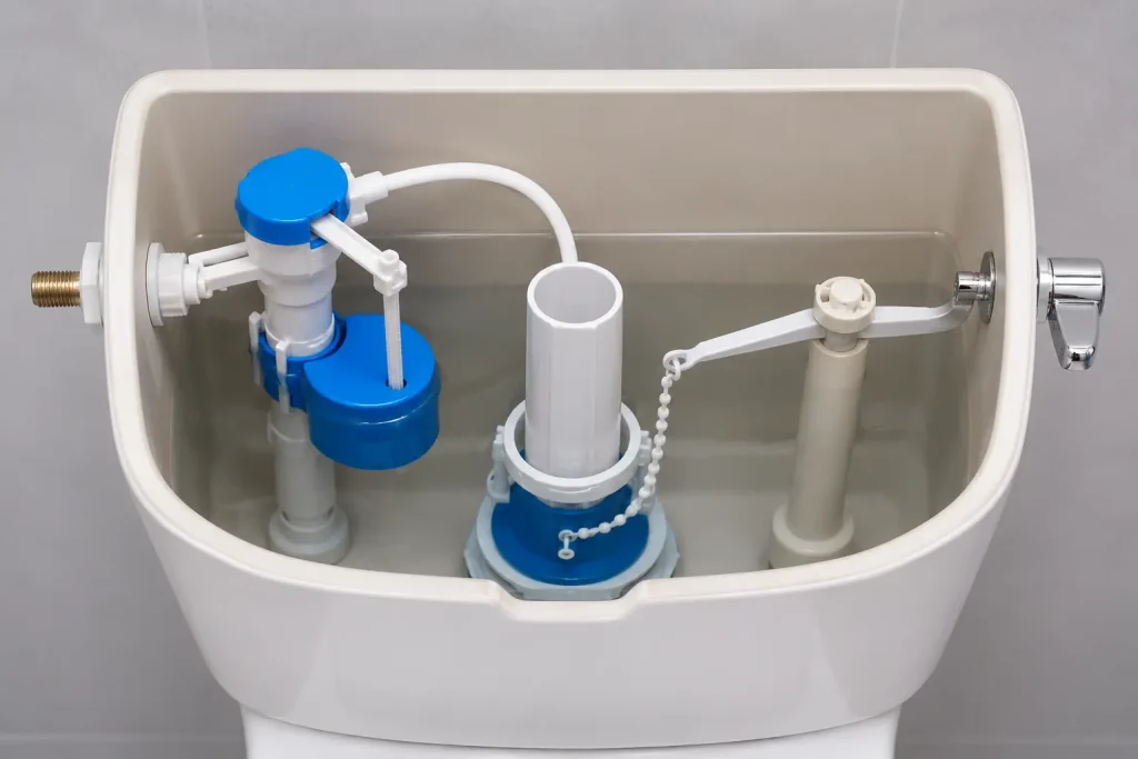 Toilet tank components showing the flapper, flush valve, fill valve, float, overflow tube, and chain