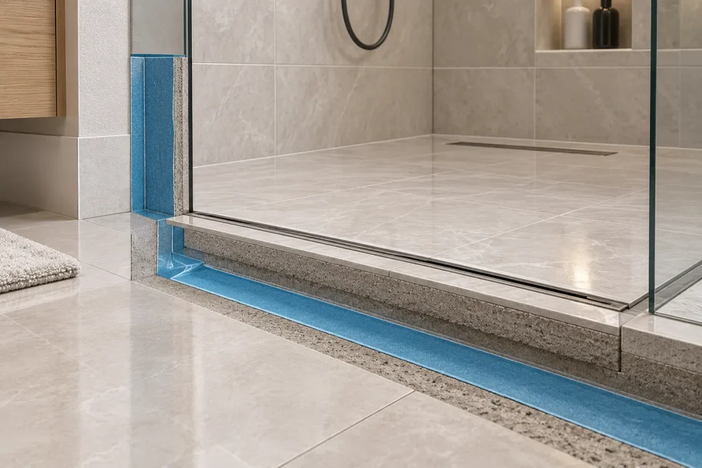 Waterproofing transition between a curbless shower floor and adjacent bathroom floor