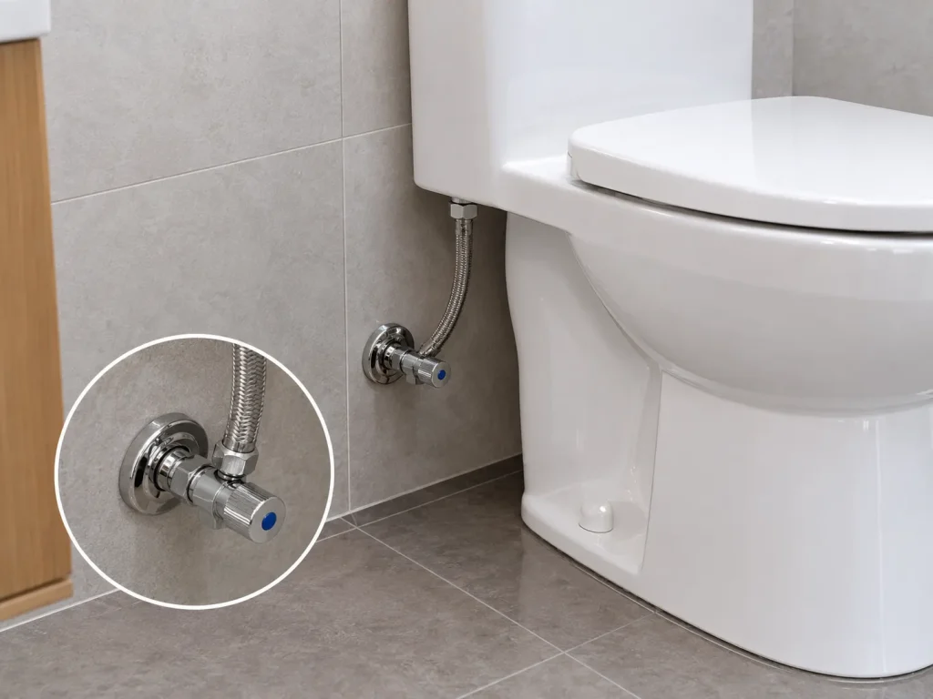 Accessible toilet shutoff valve beside a residential toilet before replacement