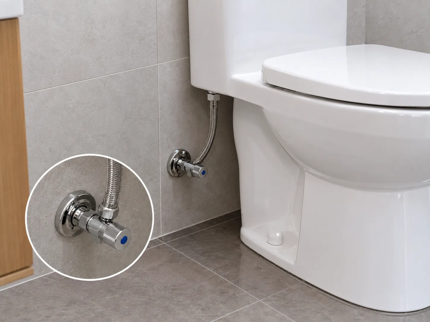 Accessible toilet shutoff valve beside a residential toilet before replacement