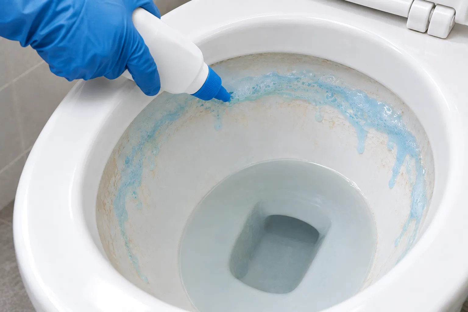 Applying a toilet-safe descaling cleaner to calcium buildup