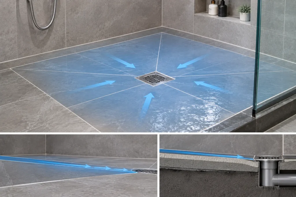 Bathroom floor slope directing water toward a floor drain