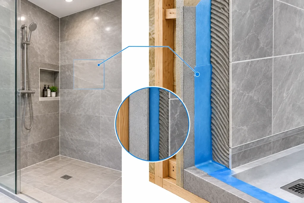 Bathroom shower waterproofing membrane behind water-resistant tile