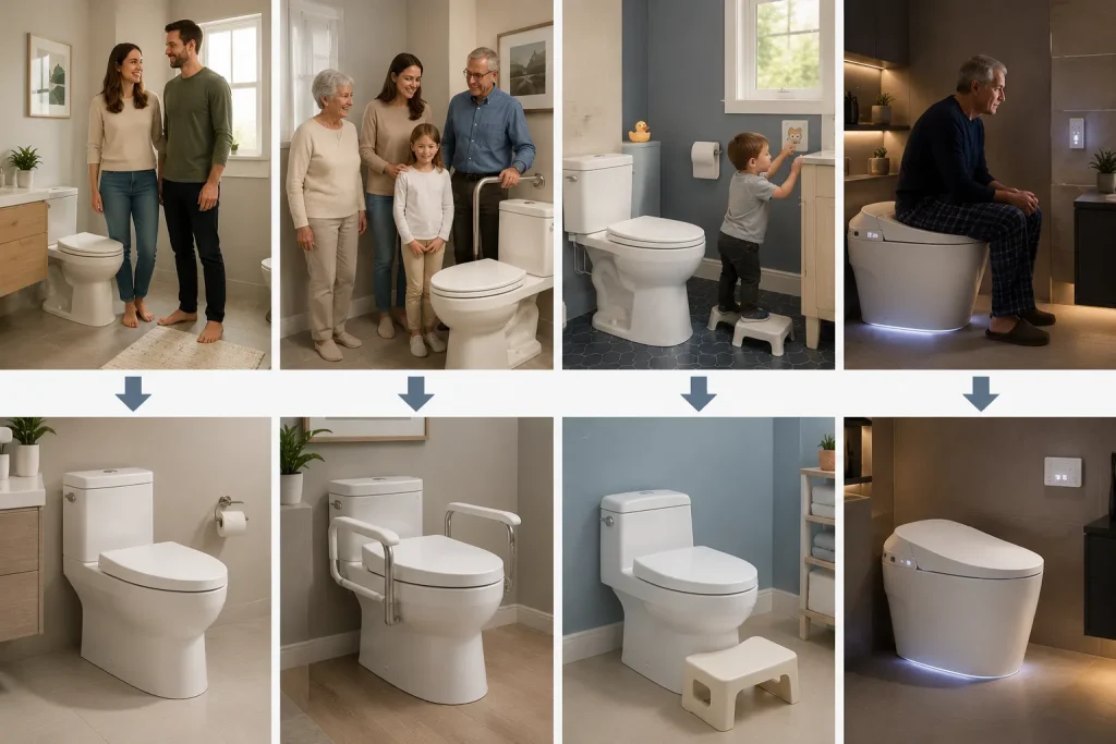 Comparison of practical toilet upgrades for different bathroom comfort needs in an American home