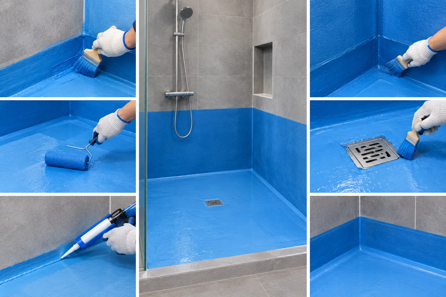 Continuous waterproofing details at shower wall floor corner and drain
