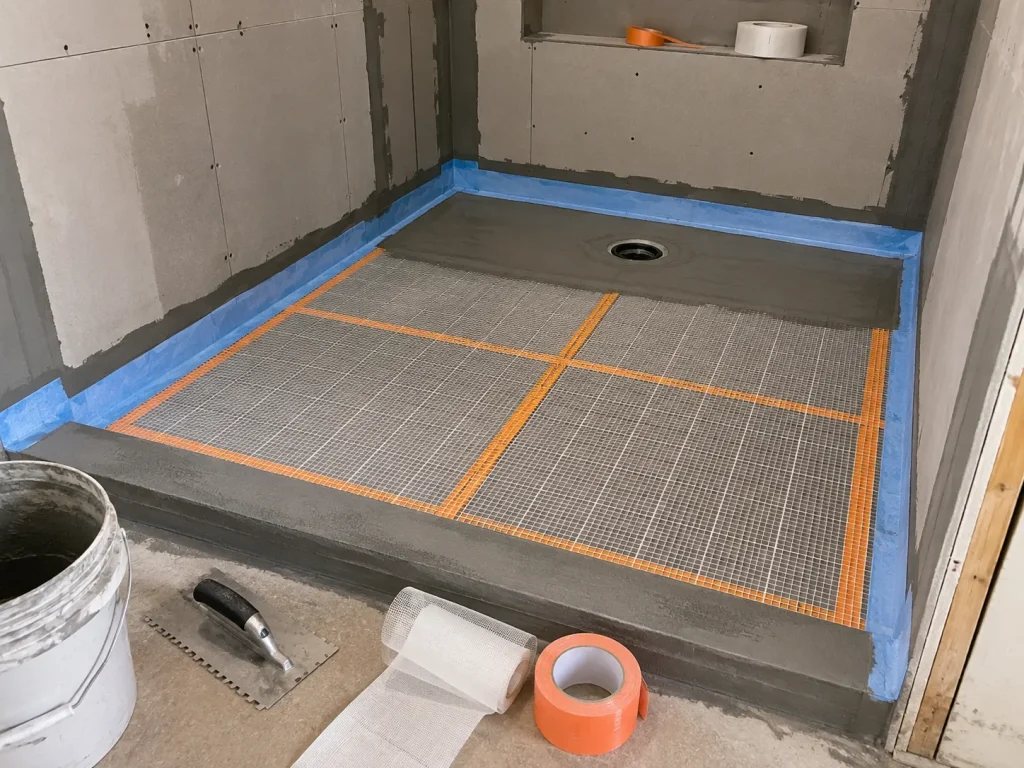 Contractor installing a properly supported and waterproofed shower floor during a bathroom remodel