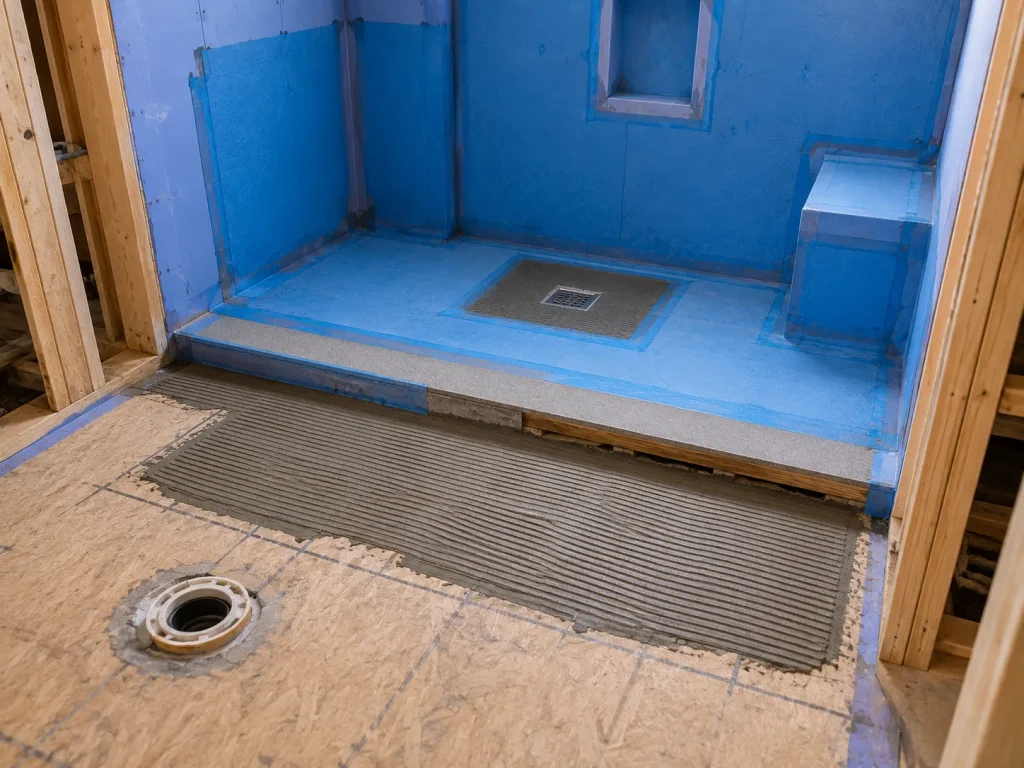 Curbless tiled shower waterproofing system installed over a wood-framed second-floor bathroom floor