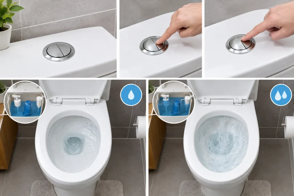 Dual-flush toilet buttons showing separate reduced and full flush functions