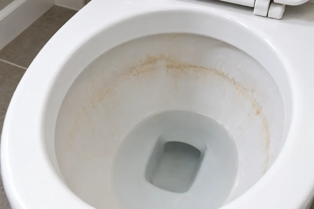 Heavy calcium buildup and mineral deposits inside a toilet bowl