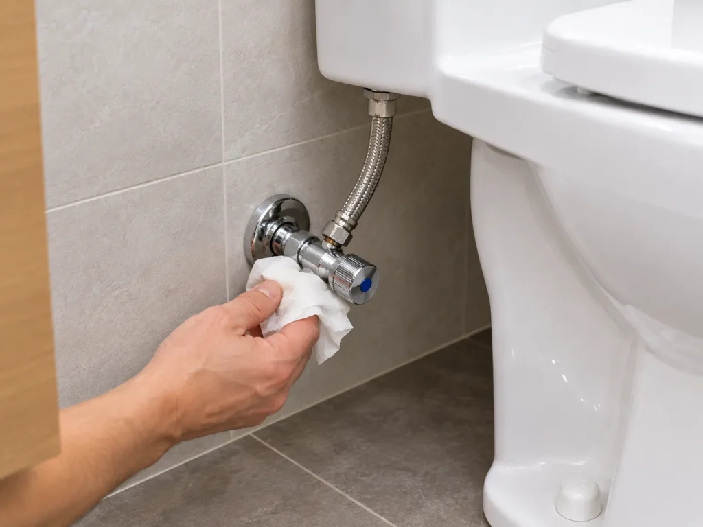 Homeowner checking a newly replaced toilet shutoff valve for water leaks with a dry paper towel