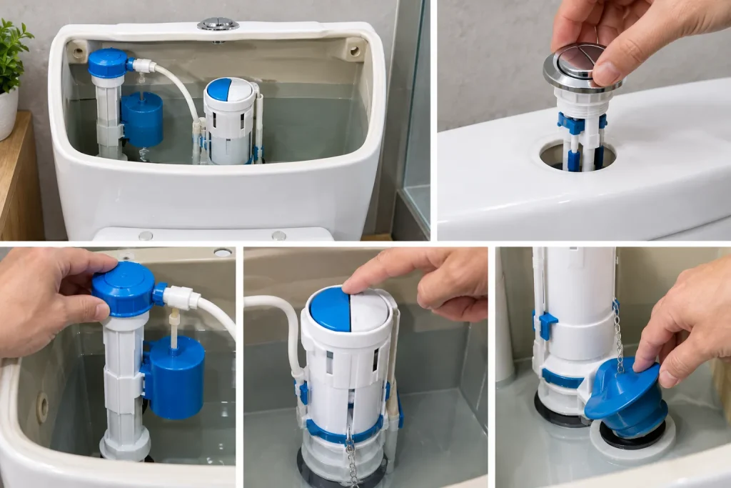 Inspecting the internal flush valve and dual-flush actuator inside a toilet tank