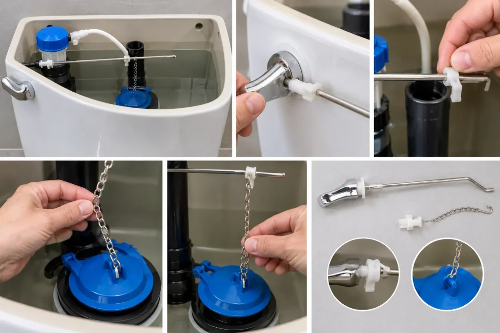 Inspecting the toilet handle lift arm and chain inside the tank