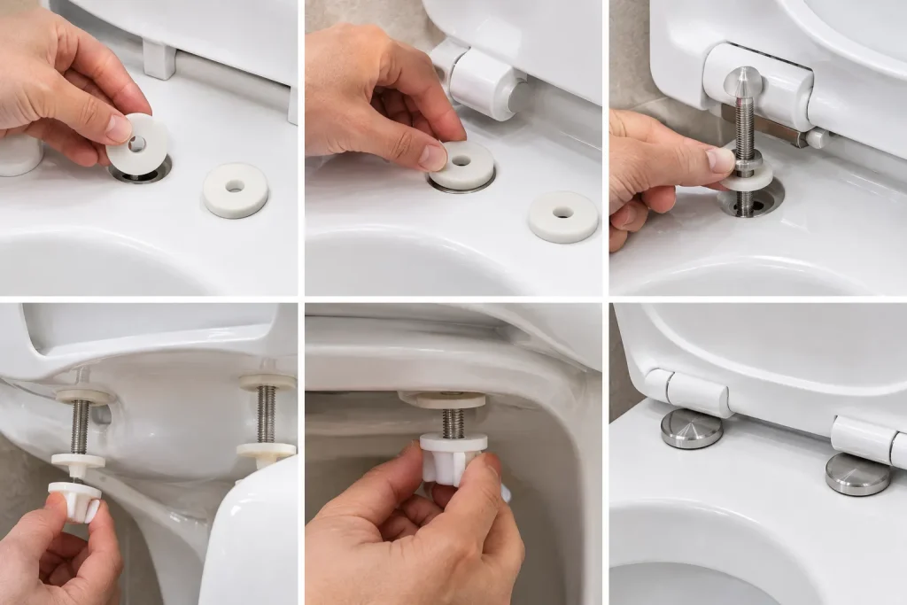 Installing rubber washers and toilet seat tightening hardware to prevent sliding