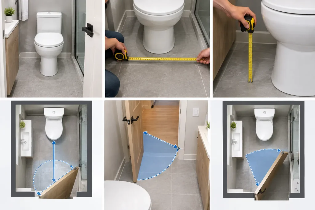Measuring toilet depth and door clearance in a compact bathroom