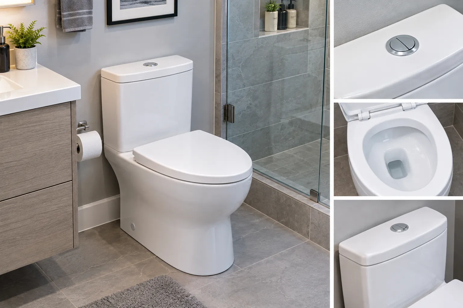 Modern dual-flush toilet installed in a typical American residential bathroom