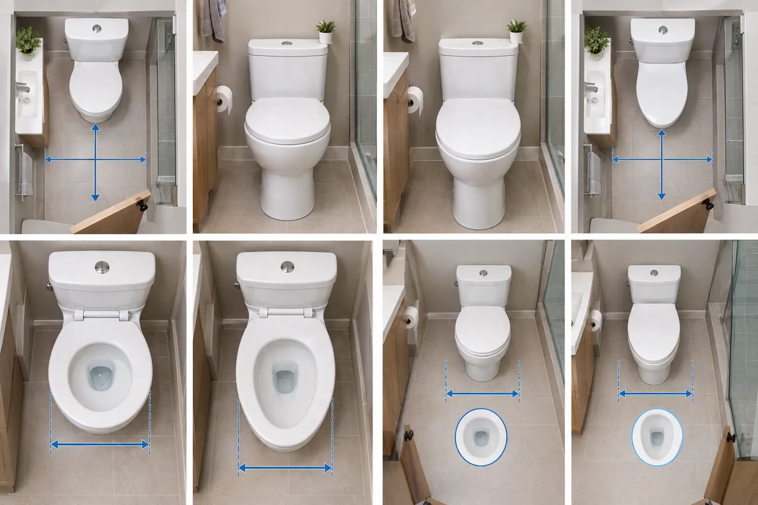 Round and elongated toilets compared in a small bathroom to show front-to-back space differences