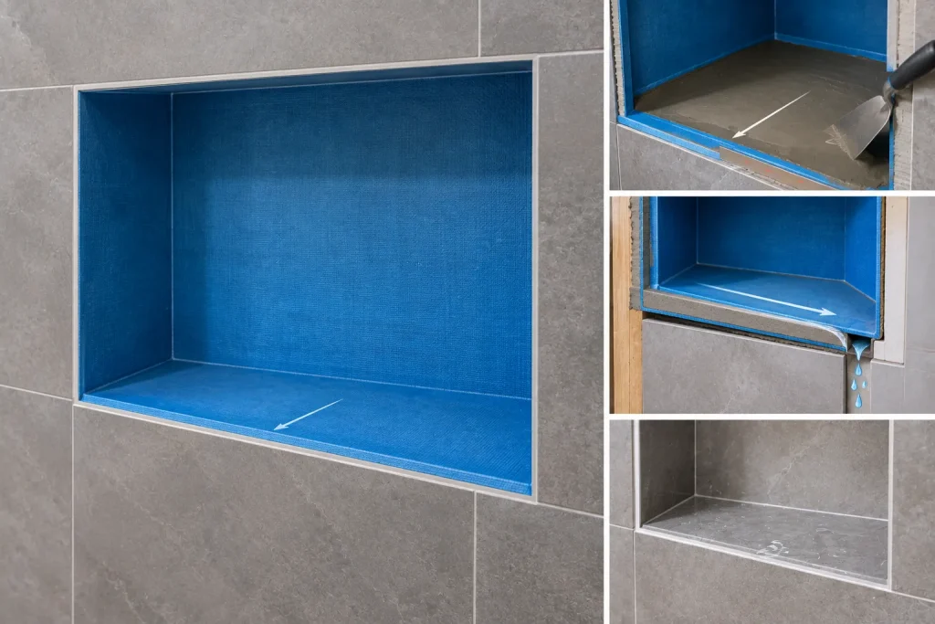 Shower niche bottom shelf sloped slightly toward the shower to help water drain away