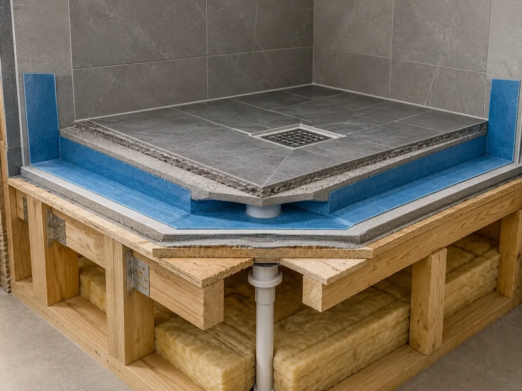 Shower waterproofing membrane protecting a wood-framed bathroom floor beneath tile