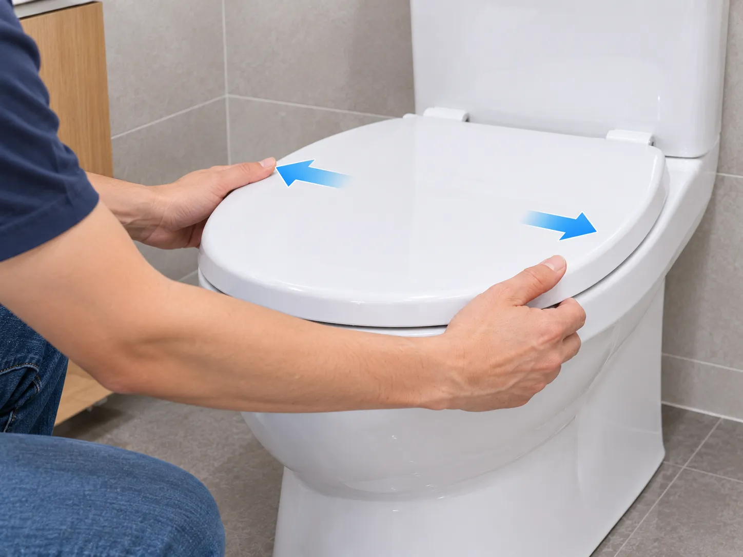 Testing a toilet seat for side-to-side movement after tightening the mounting hardware