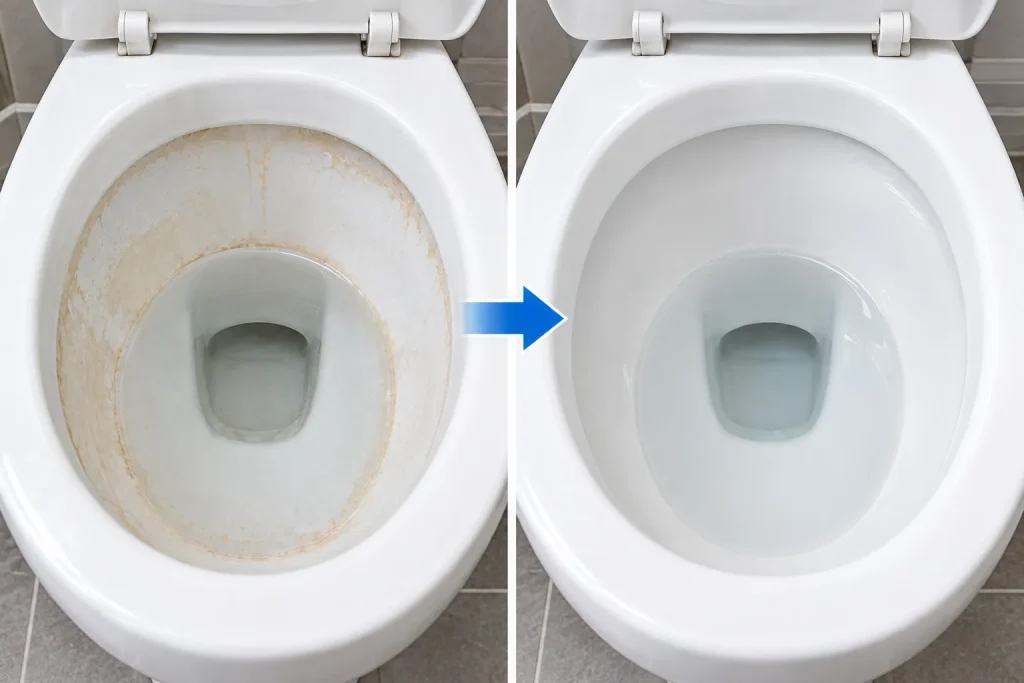 Toilet bowl before and after removing calcium buildup