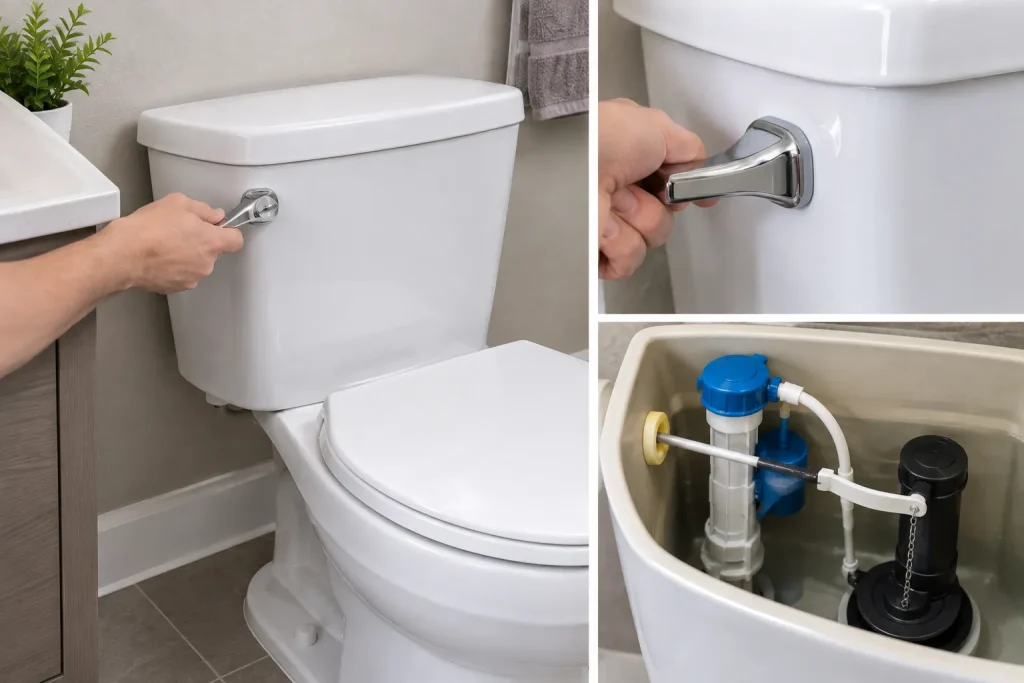 Toilet handle stuck in the down position after flushing