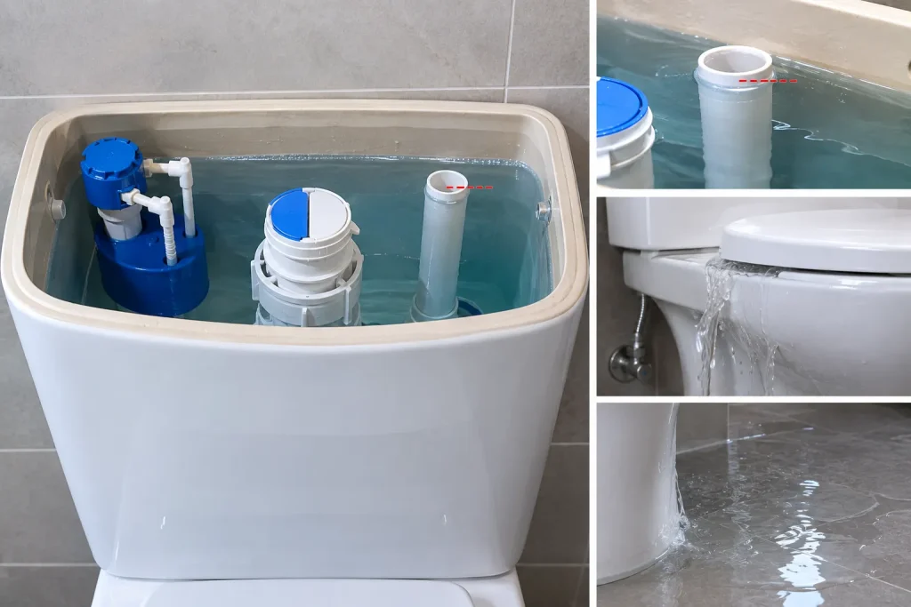 Toilet tank water level rising above the correct level and flowing into the overflow tube