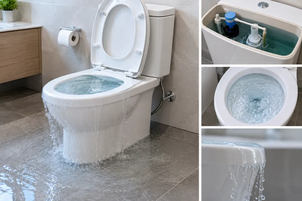 Unclogged toilet overflowing because the tank fill valve is not shutting off, with water rising in the bowl