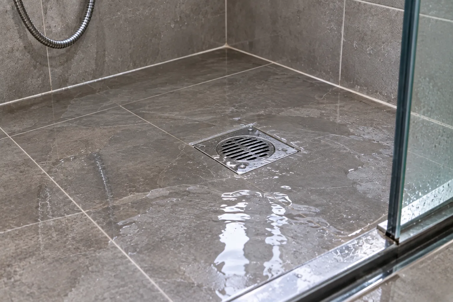 Water pooling around a bathroom floor drain after a shower
