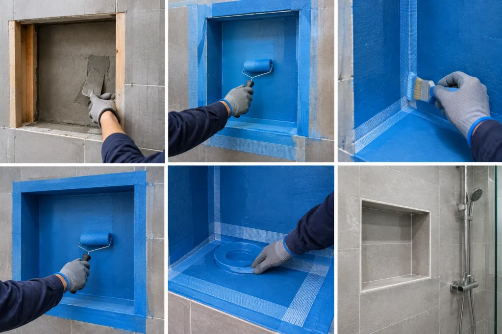 Waterproofed shower niche with membrane covering the back, sides, top, bottom, and corners before tile installation