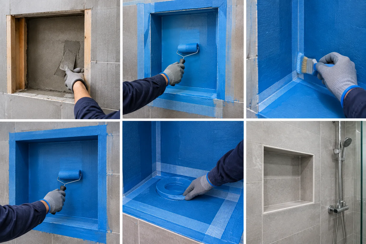 Waterproofed shower niche with membrane covering the back, sides, top, bottom, and corners before tile installation